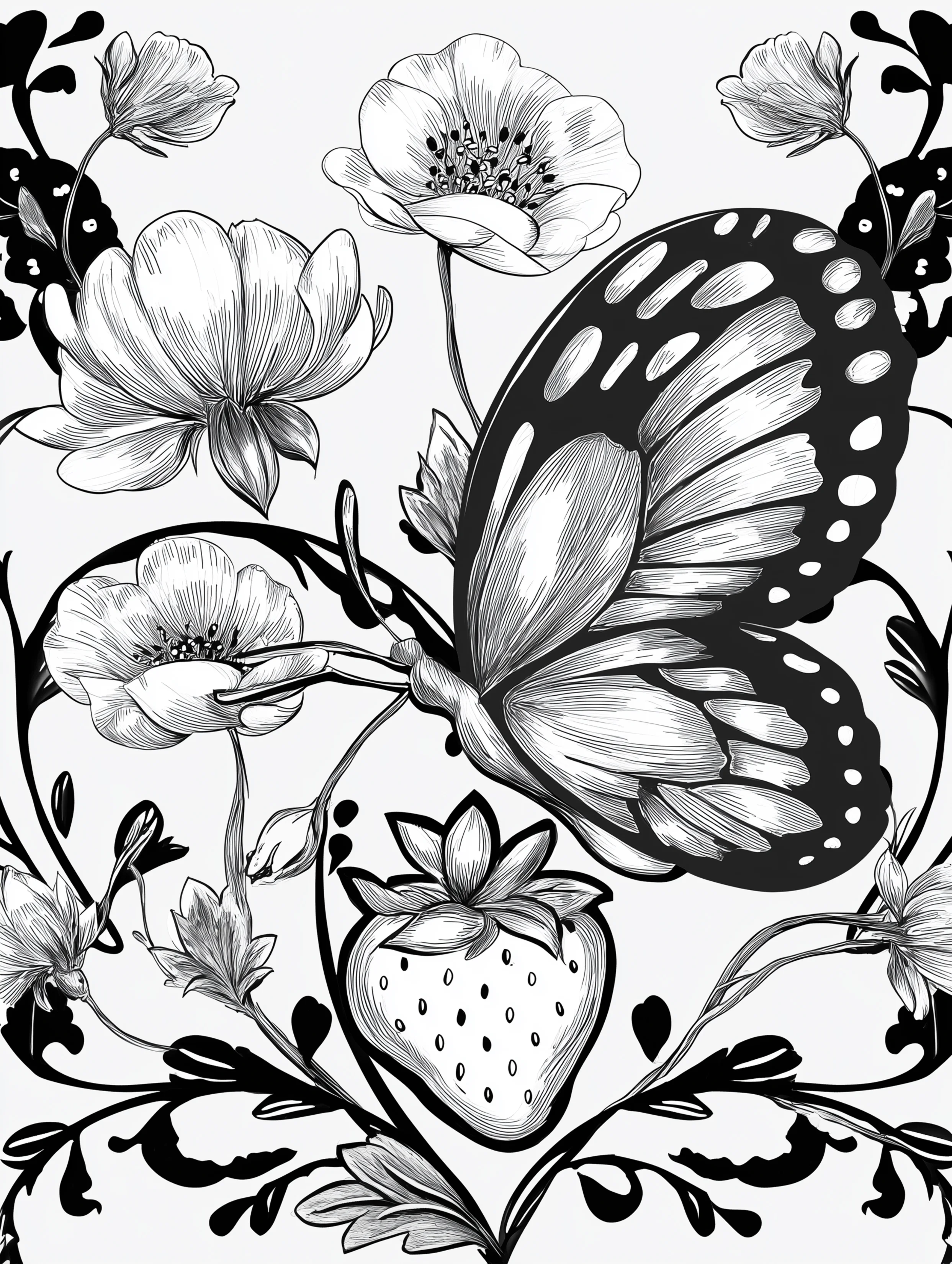 Free printable butterfly coloring page for adults featuring a butterfly flying toward a strawberry